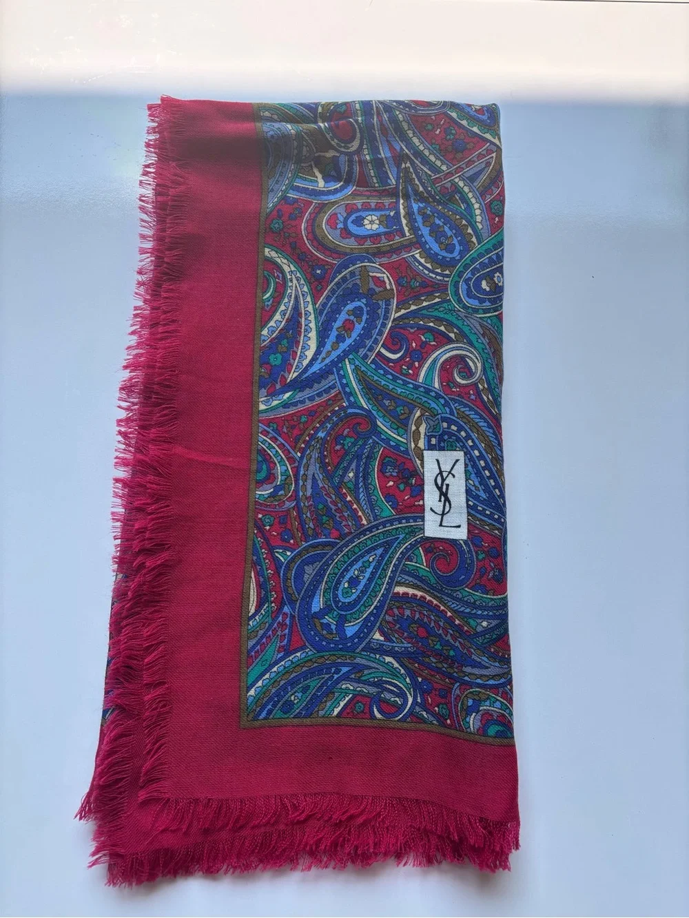 Yves Saint Laurent Red Paisley Fringe Scarf 35”x35” unique vintage